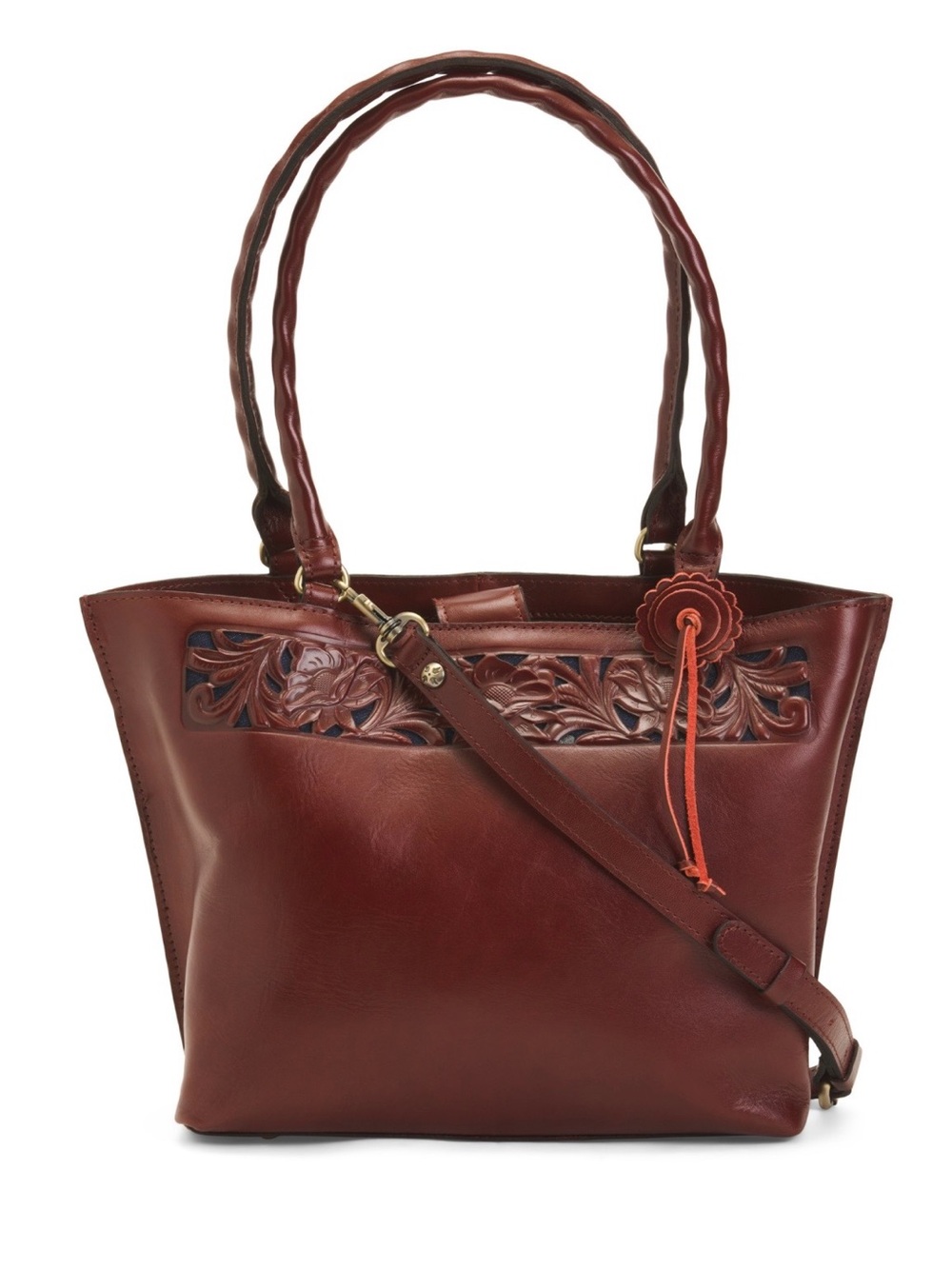 Patricia Nash Carved Leather Tote in Burgundy with Orange Accent